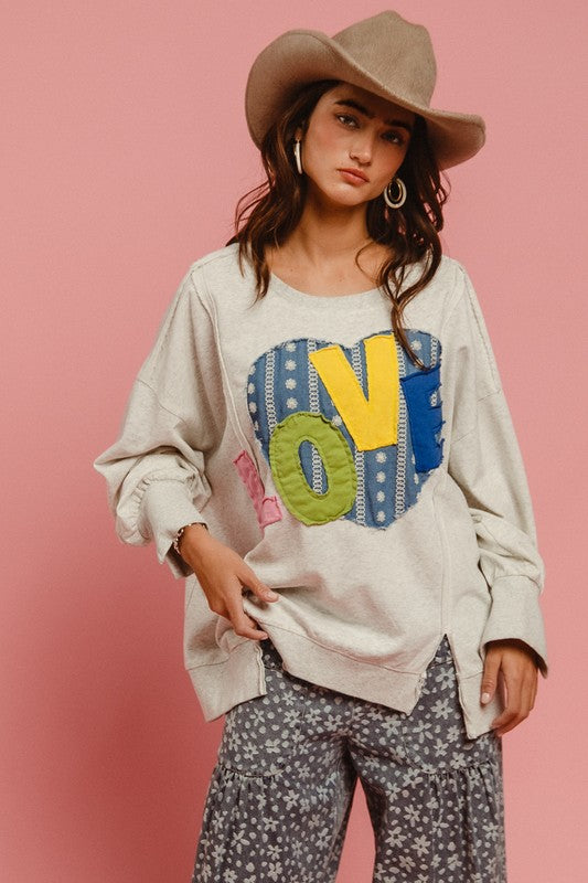 BiBi LOVE Heart Patch Slit French Terry Sweatshirt - Teresa's Fashionista LLC