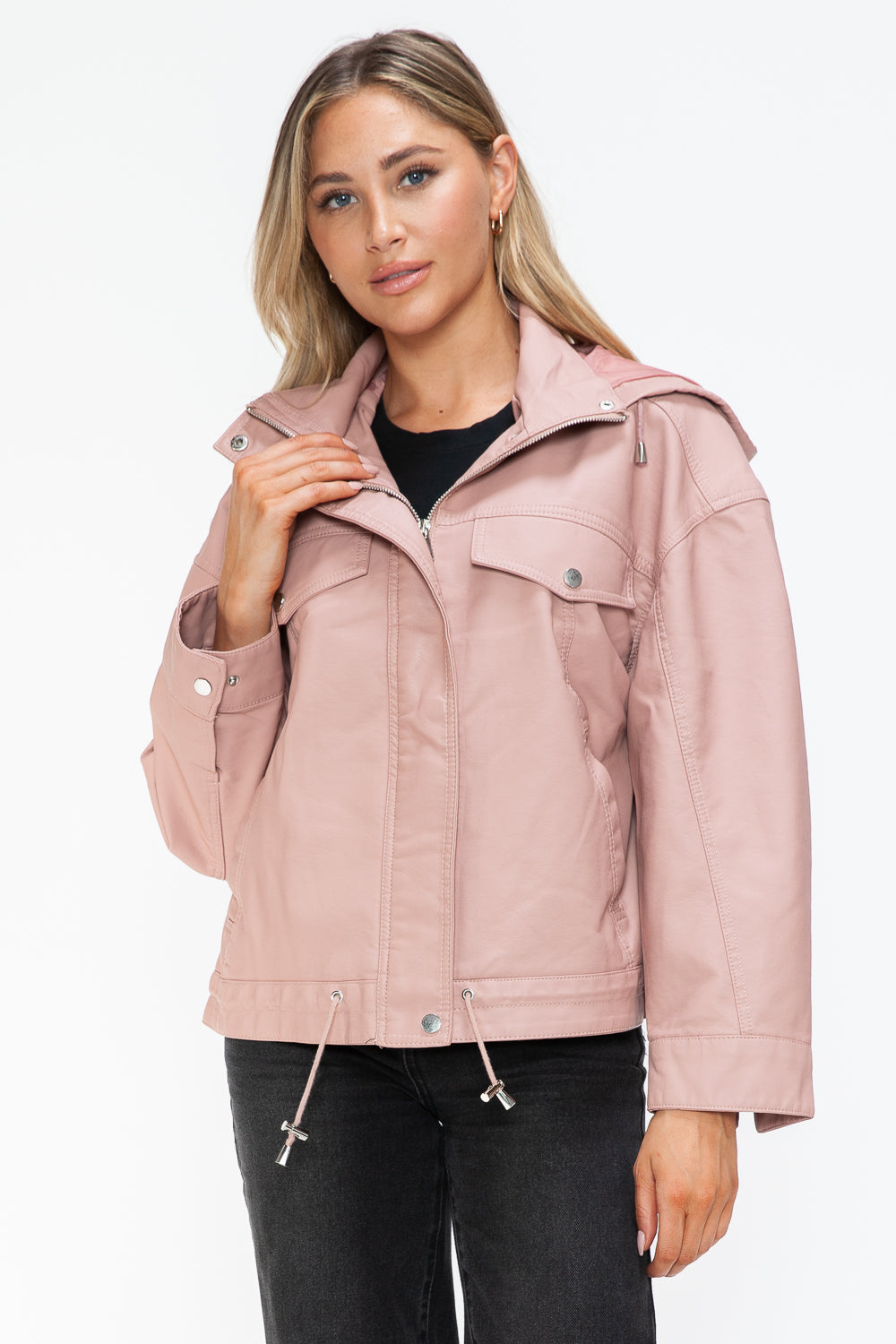 How Dare U Drawstring Hem PU Leather Zip Up Jacket - Teresa's Fashionista LLC