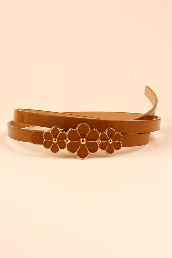 Flower Decor Skinny PU Belt-Teresa's Fashionista LLC