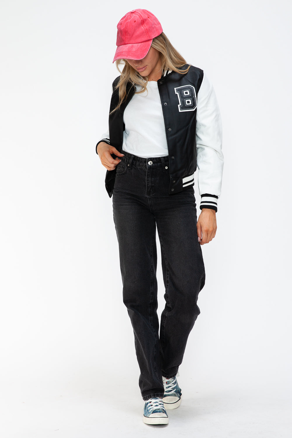 Love Me Now PU Leather Contrast Snap Down Bomber Jacket - Teresa's Fashionista LLC
