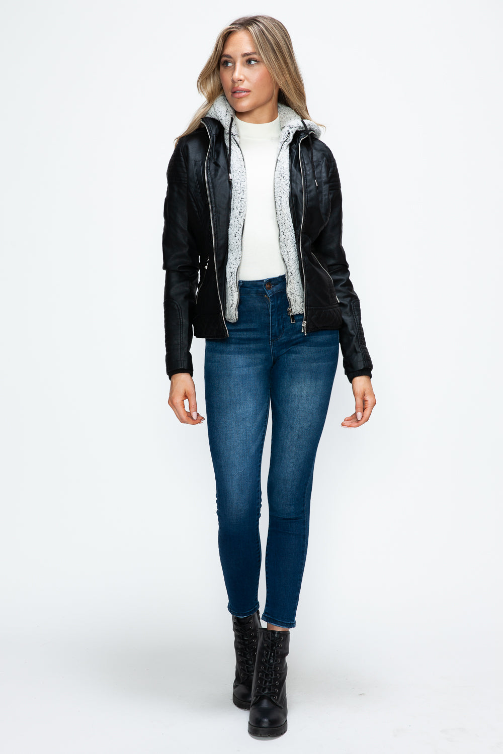 YMI Faux Layered Double-Zipper Jacket with Fuzzy Hood - Teresa's Fashionista LLC