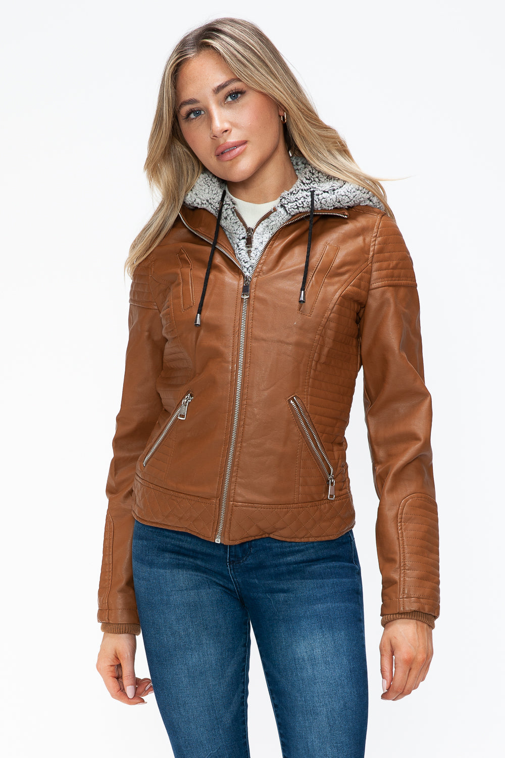 YMI Faux Layered Double-Zipper Jacket with Fuzzy Hood - Teresa's Fashionista LLC