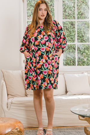 ODDI Full Size Floral Puff Sleeve Mini Dress-Teresa's Fashionista LLC
