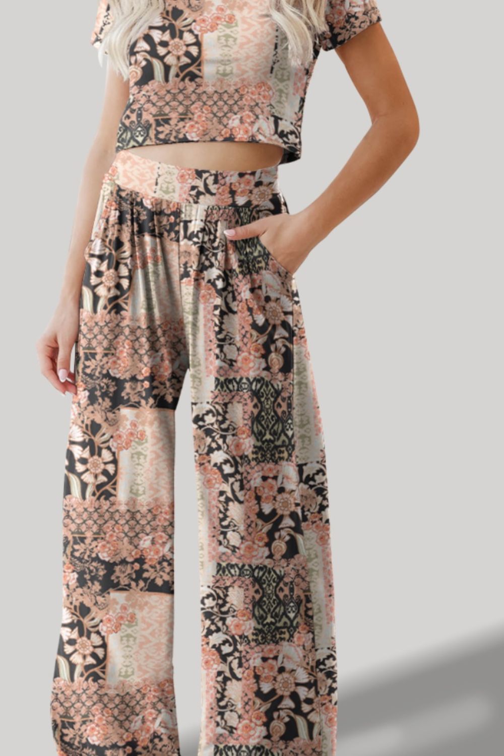 Printed Round Neck Short Sleeve Top and Pants Set-Teresa&#39;s Fashionista LLC