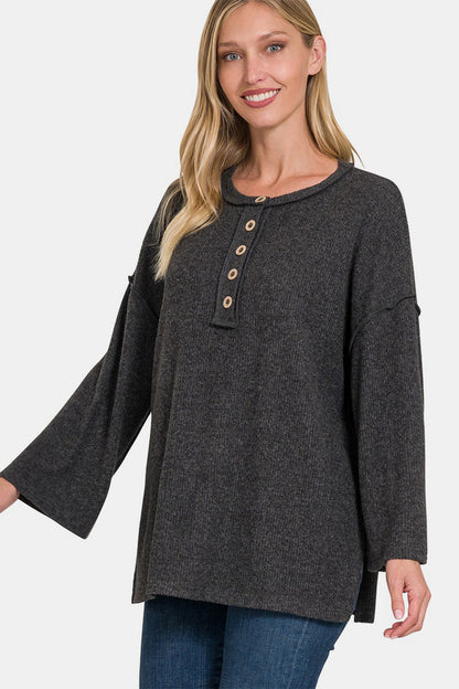 Zenana Full Size Ribbed Half Button Slit Knit Top - Teresa's Fashionista LLC