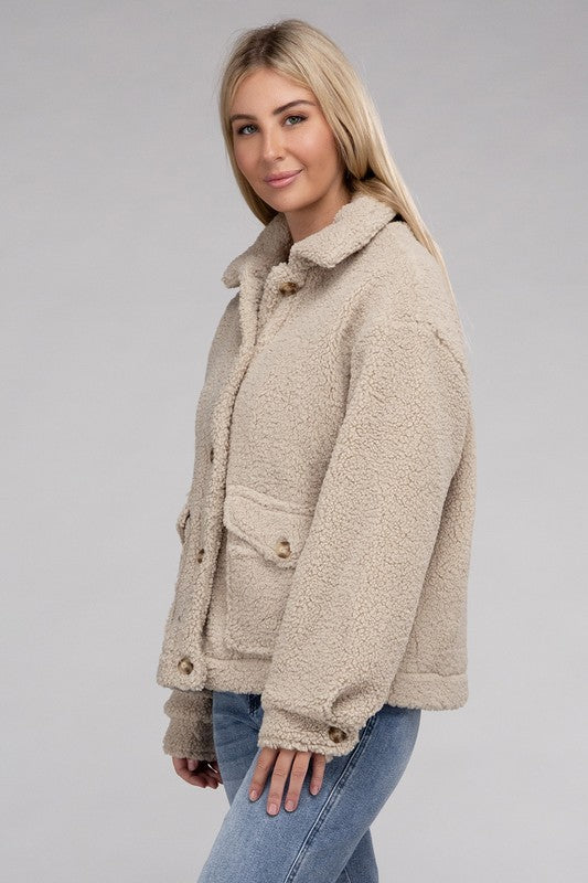Cozy Sherpa Button-Front Jacket-Teresa's Fashionista LLC
