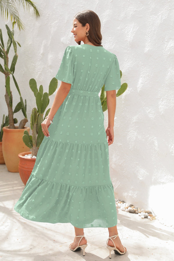 Swiss Dot Tied Surplice Short Sleeve Dress-Teresa's Fashionista LLC