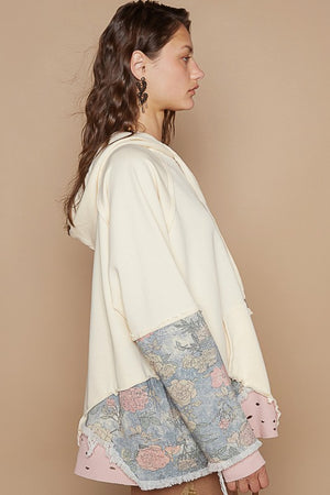 POL Floral Patchwork Distressed Drawstring Hoodie - Teresa's Fashionista LLC