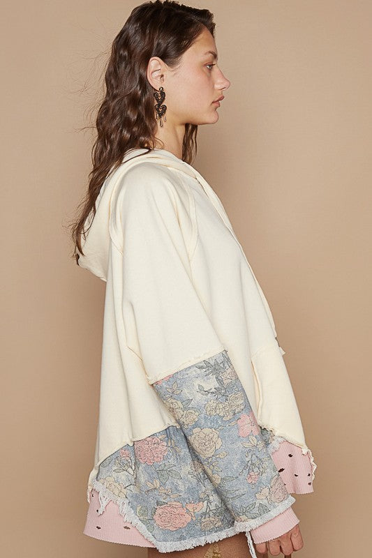 POL Floral Patchwork Distressed Drawstring Hoodie - Teresa's Fashionista LLC