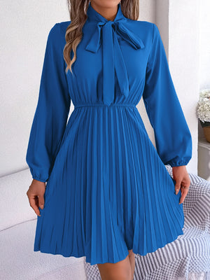 Tie Neck Balloon Sleeve Pleated Dress-Teresa's Fashionista LLC