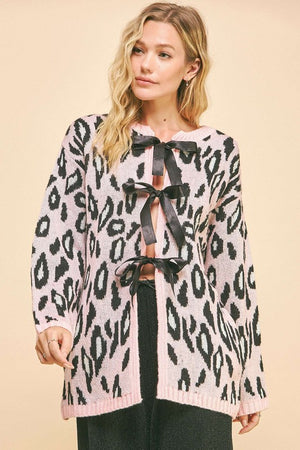 Davi & Dani Leopard Ribbon Tie Front Loose Fit Cardigan - Teresa's Fashionista LLC