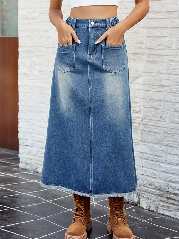 Raw Hem Buttoned Denim Skirt with Pockets-Teresa's Fashionista LLC