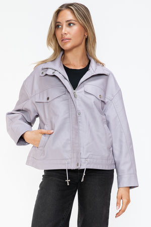 How Dare U Drawstring Hem PU Leather Zip Up Jacket - Teresa's Fashionista LLC