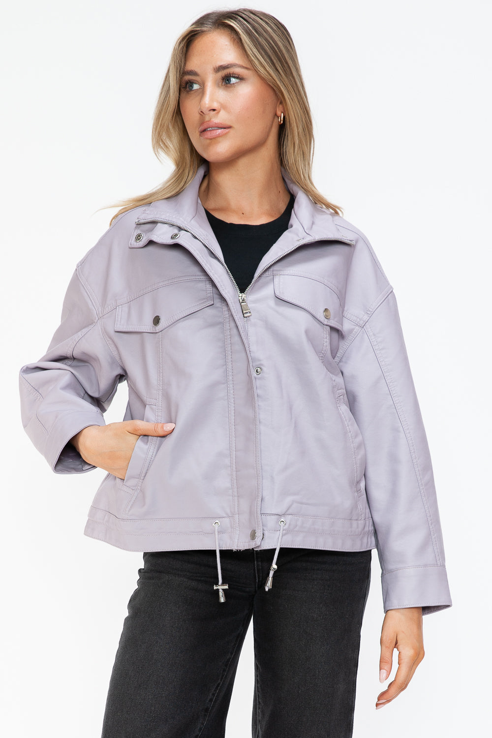How Dare U Drawstring Hem PU Leather Zip Up Jacket - Teresa's Fashionista LLC