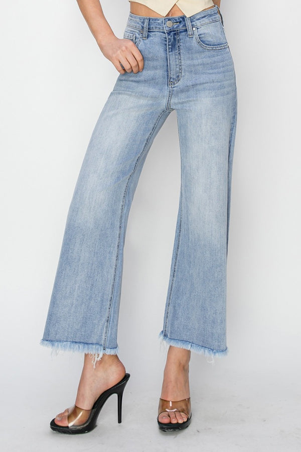 RISEN High Rise Crop Wide Fray Hem Jeans - Teresa's Fashionista LLC