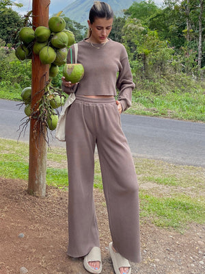 Waffle-Knit Round Neck Top and Pants Set-Teresa's Fashionista LLC