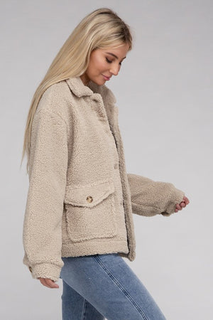 Cozy Sherpa Button-Front Jacket-Teresa's Fashionista LLC