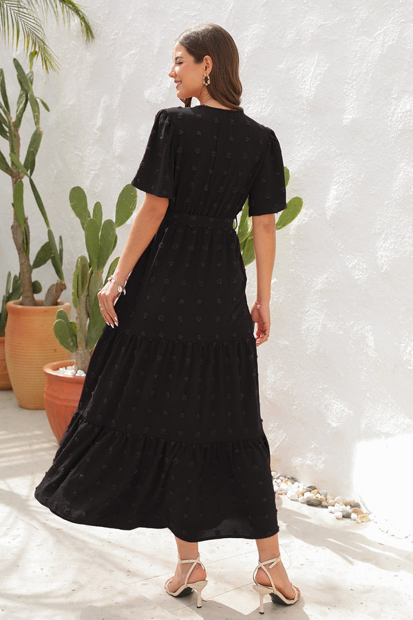 Swiss Dot Tied Surplice Short Sleeve Dress-Teresa's Fashionista LLC