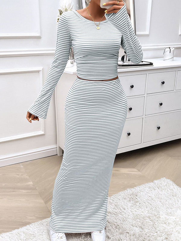 Striped Boat Neck Top and Skirt Set-Teresa's Fashionista LLC