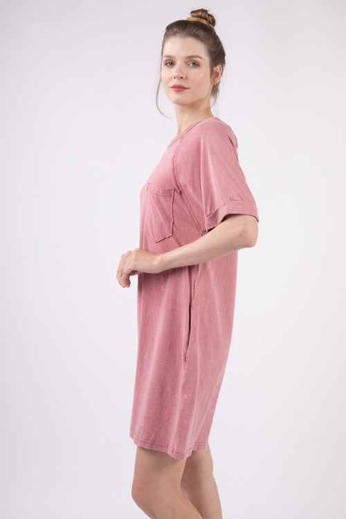 VERY J Washed Round Neck Mini Tee Dress-Teresa's Fashionista LLC