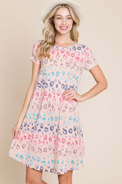 BOMBOM Leopard Round Neck Short Sleeve Dress-Teresa's Fashionista LLC