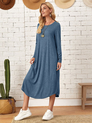 Pocketed Round Neck Long Sleeve Tee Dress-Teresa's Fashionista LLC