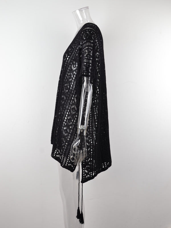 Cutout V-Neck Cover-Up with Tassel-Teresa's Fashionista LLC