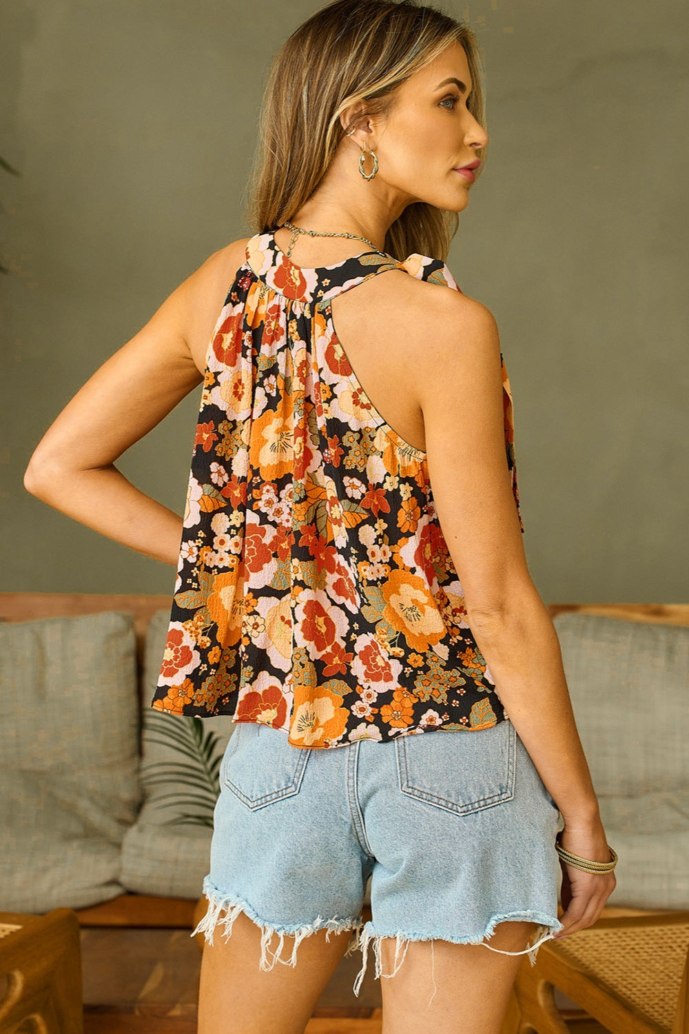 Tied Printed Grecian Neck Tank-Teresa&#39;s Fashionista LLC
