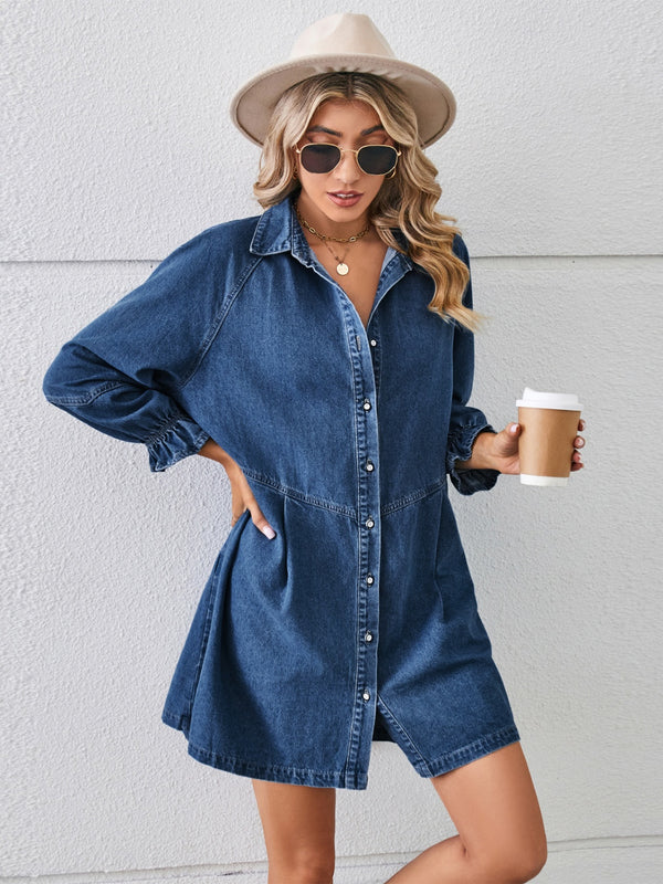 Button Up Flounce Sleeve Mini Denim Dress-Teresa's Fashionista LLC