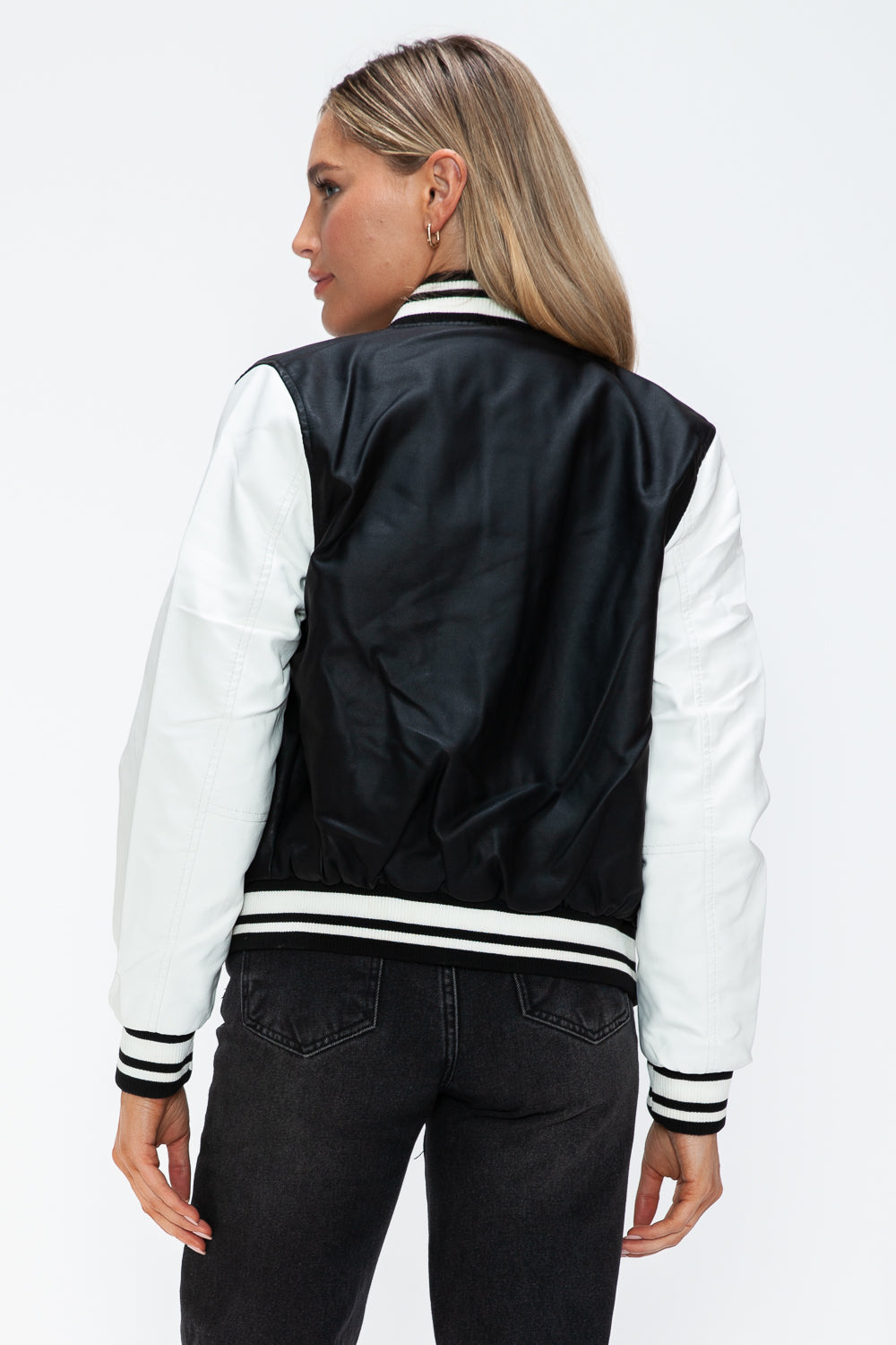 Love Me Now PU Leather Contrast Snap Down Bomber Jacket - Teresa's Fashionista LLC