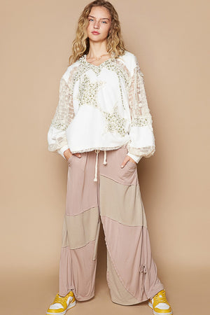 POL Star Patch Lace Contrast Long Sleeve Hooded Top - Teresa's Fashionista LLC