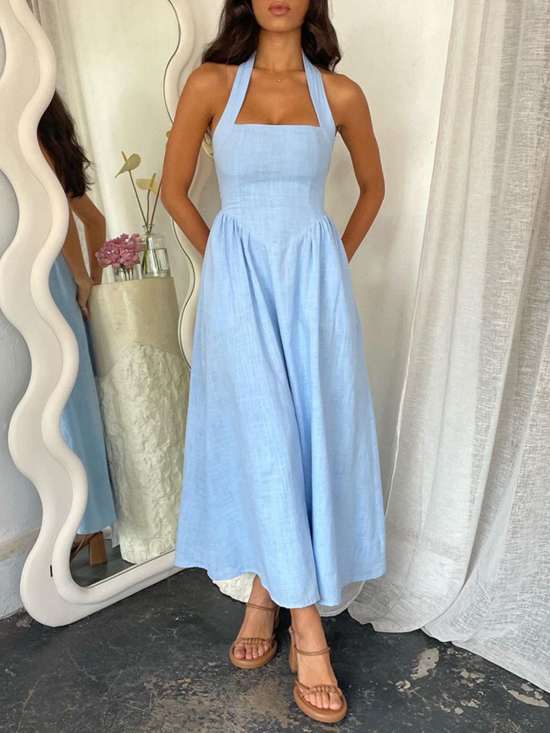 Devine Ruched Halter Neck Midi Dress - Teresa's Fashionista LLC