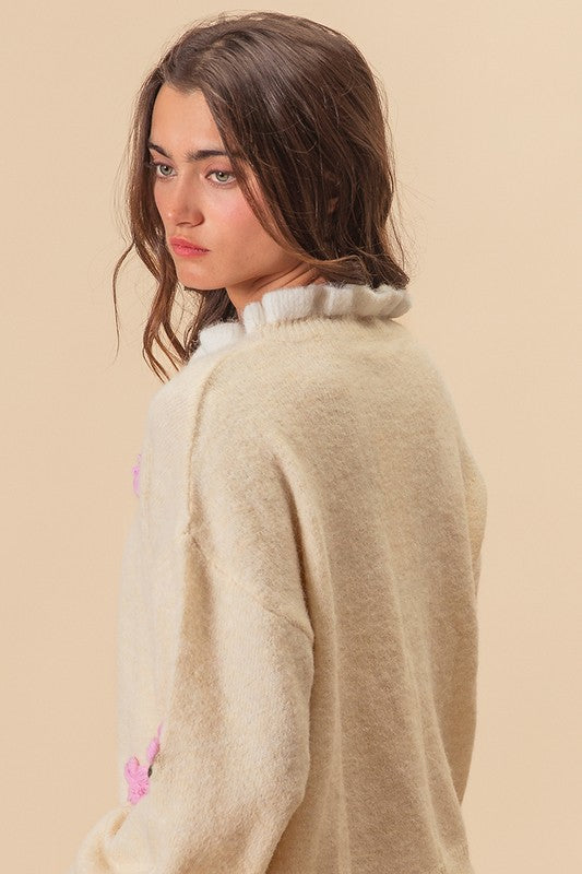 BiBi Ruffled Crochet Flower Dropped Shoulder Sweater - Teresa's Fashionista LLC