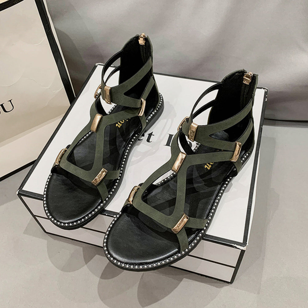 Open Toe Back Zipper Flat Sandals-Teresa's Fashionista LLC