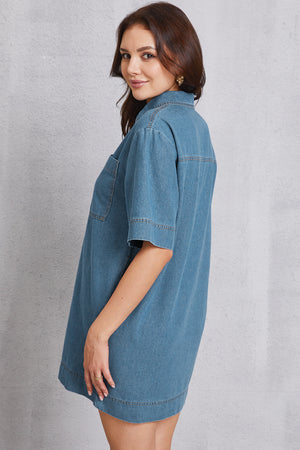 Pocketed Collared Neck Mini Denim Dress-Teresa's Fashionista LLC