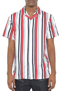 MENS SHORT SLEEVE STRIPED BUTTON DOWN SHIRT PRINT-Teresa's Fashionista LLC
