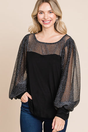Super Lady Full Size Metallic Mesh Lantern Sleeve Blouse - Teresa's Fashionista LLC