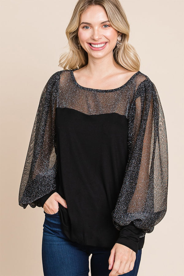 Super Lady Full Size Metallic Mesh Lantern Sleeve Blouse - Teresa's Fashionista LLC