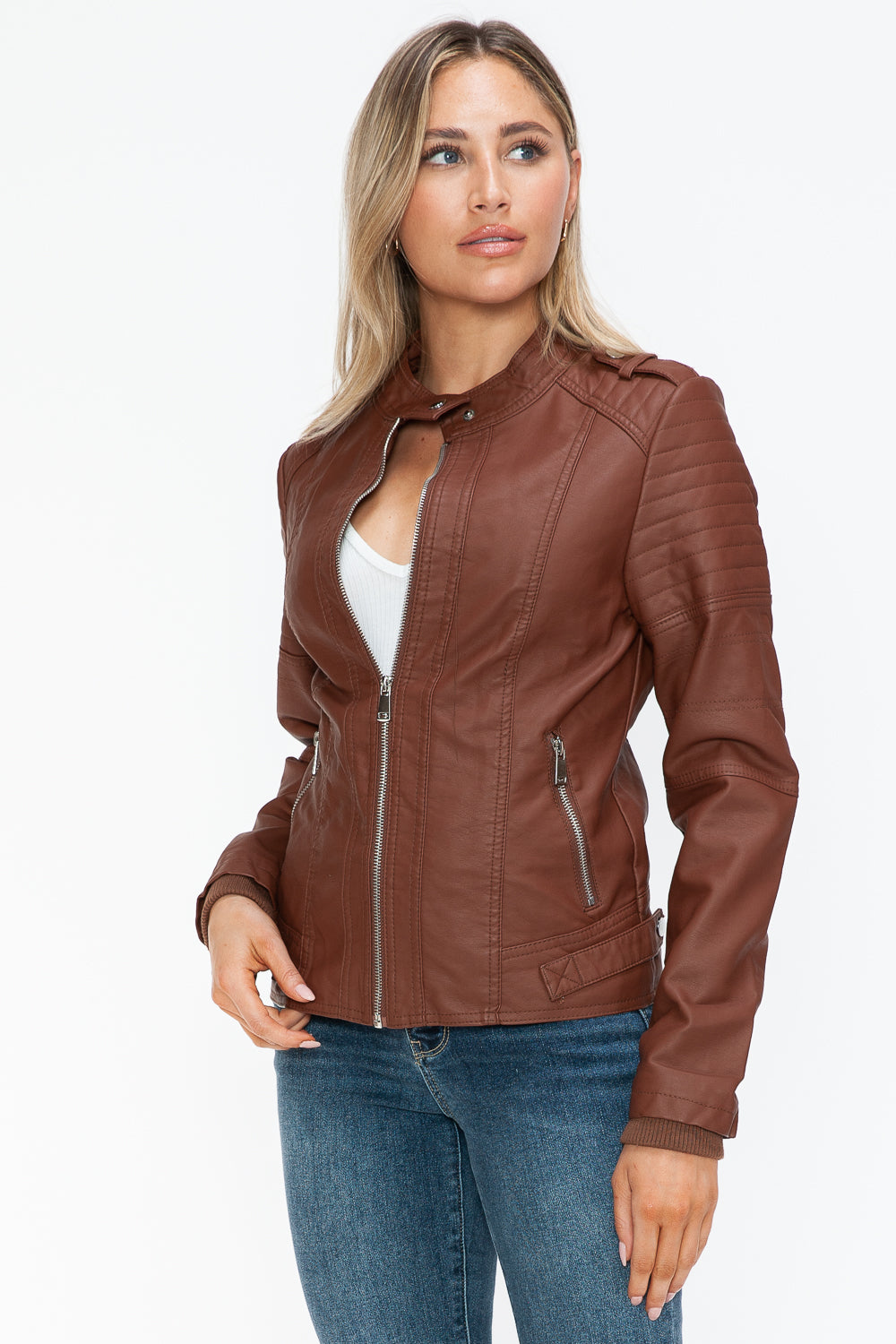 Snobbish PU Leather Biker Jacket with Side Zip Pockets - Teresa's Fashionista LLC