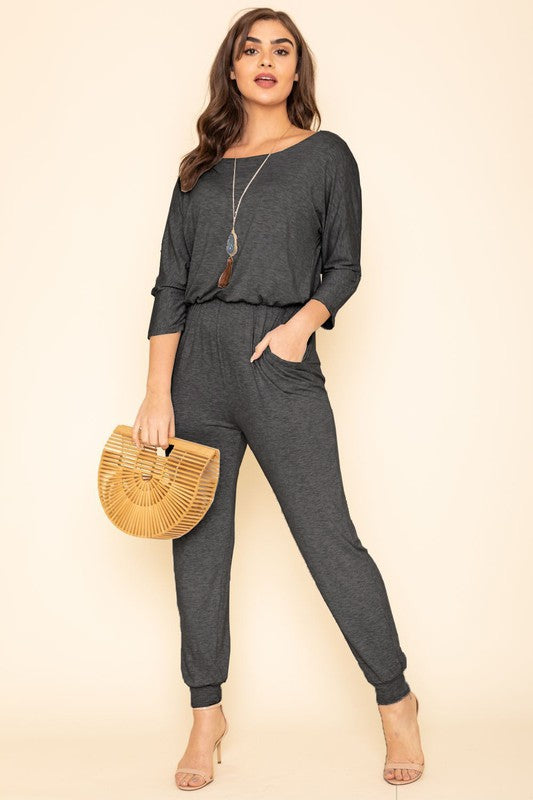 Quarter Sleeve Boat Neck Blouson Jumpsuit-Teresa&#39;s Fashionista LLC