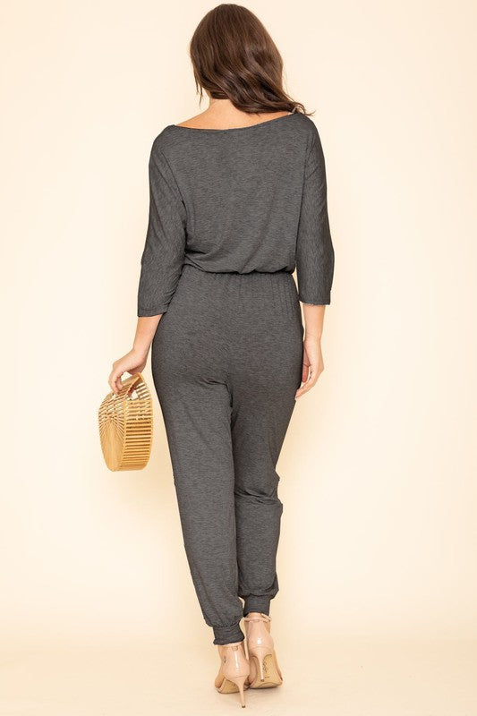 Quarter Sleeve Boat Neck Blouson Jumpsuit-Teresa&#39;s Fashionista LLC