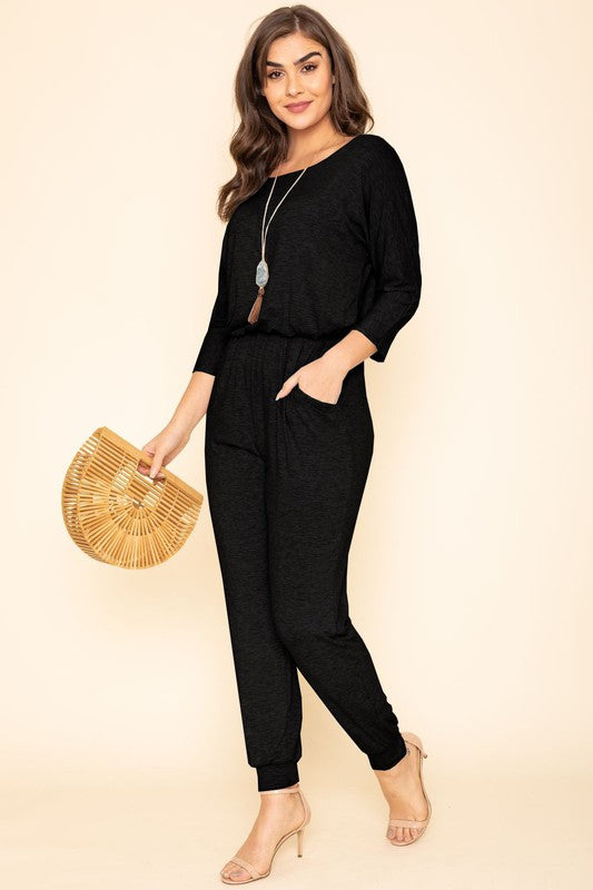 Quarter Sleeve Boat Neck Blouson Jumpsuit-Teresa&#39;s Fashionista LLC