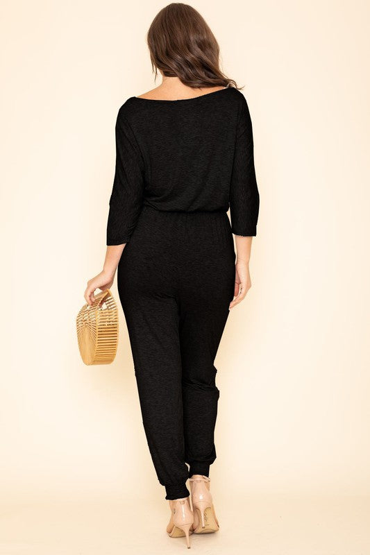 Quarter Sleeve Boat Neck Blouson Jumpsuit-Teresa&#39;s Fashionista LLC