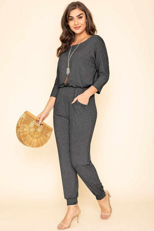 Quarter Sleeve Boat Neck Blouson Jumpsuit-Teresa&#39;s Fashionista LLC