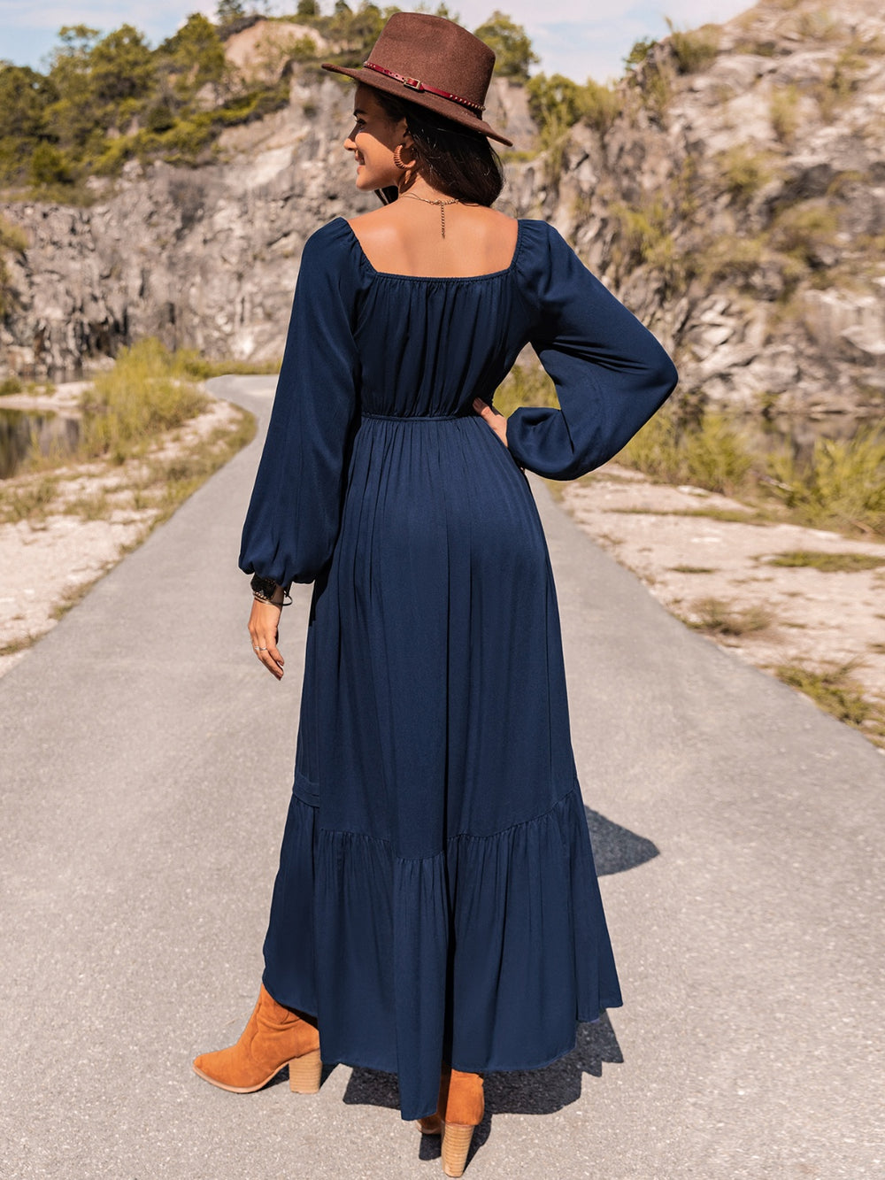 Long Sleeve Lace Trim Maxi Dress-Teresa's Fashionista LLC