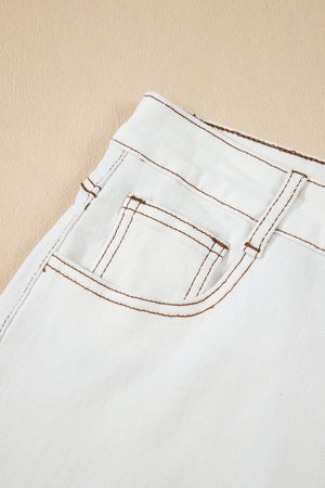 White raw hem high waist denim shorts with trendy raw edges and durable fabric