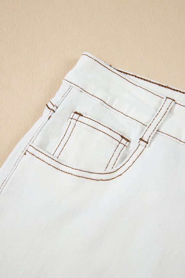White raw hem high waist denim shorts with trendy raw edges and durable fabric