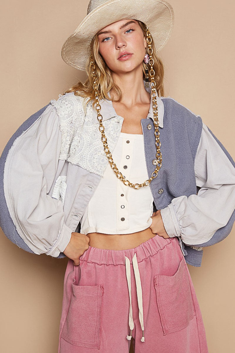 POL Crochet Patch Exposed Seam Button Up Jacket - Teresa's Fashionista LLC