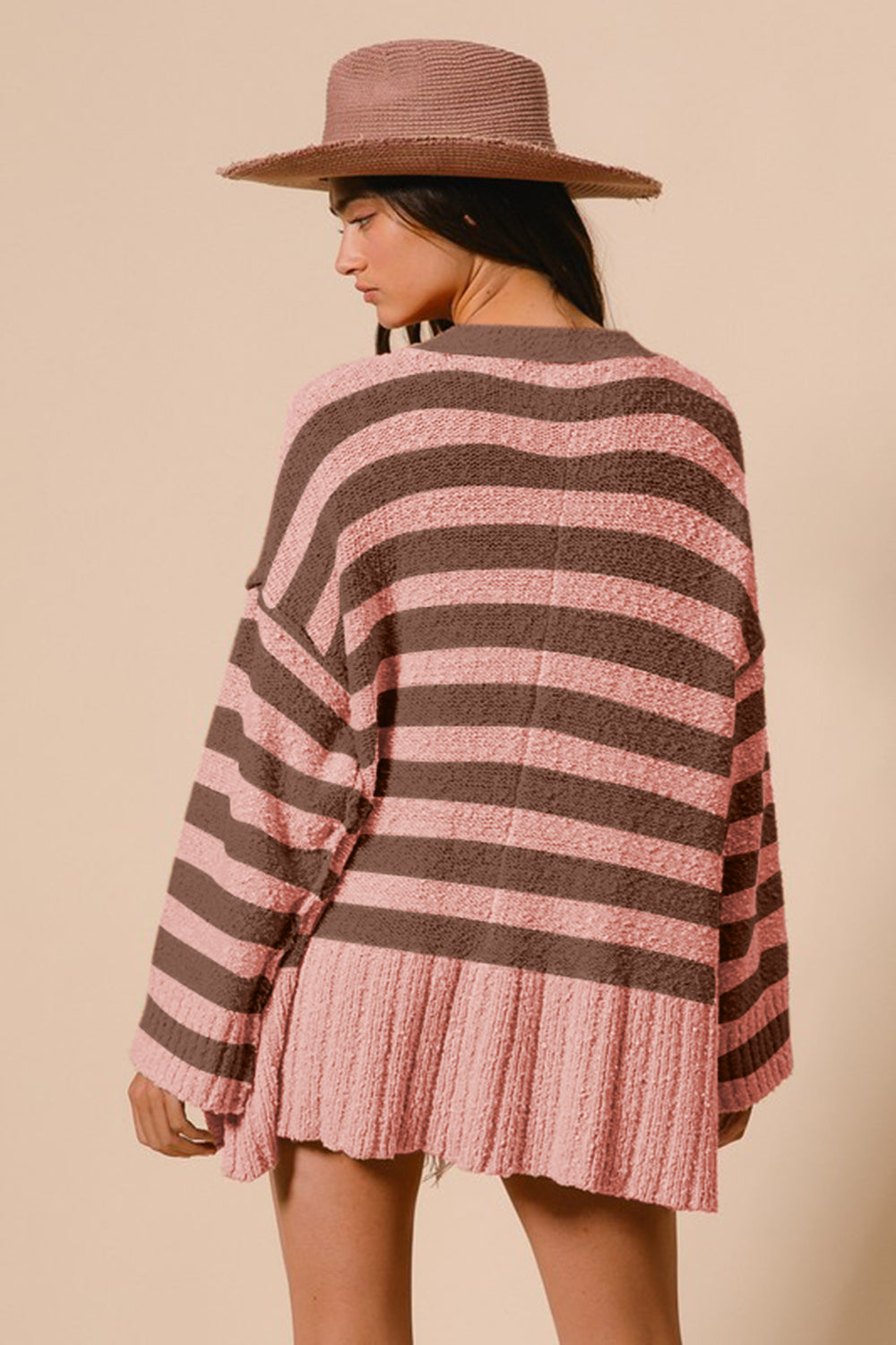 BiBi Slit Striped V-Neck Button Up Cardigan - Teresa's Fashionista LLC