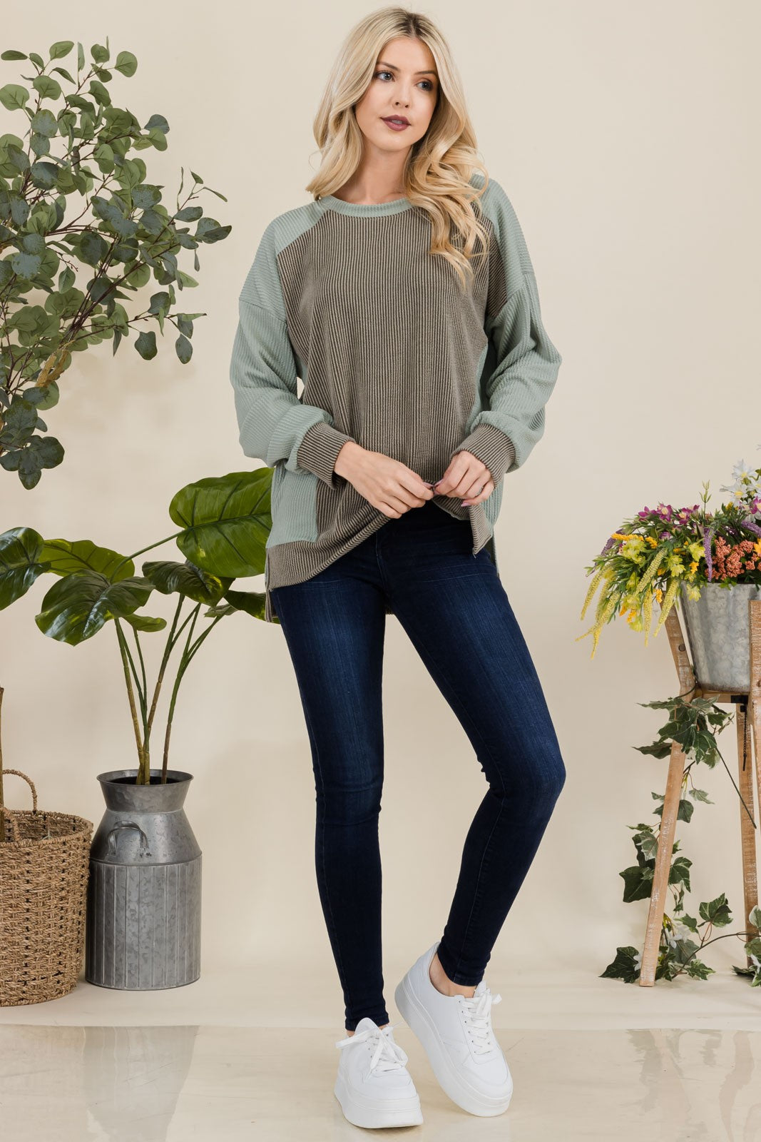 Celeste Full Size High-Low Contrast Round Neck Sweatshirt - Teresa's Fashionista LLC